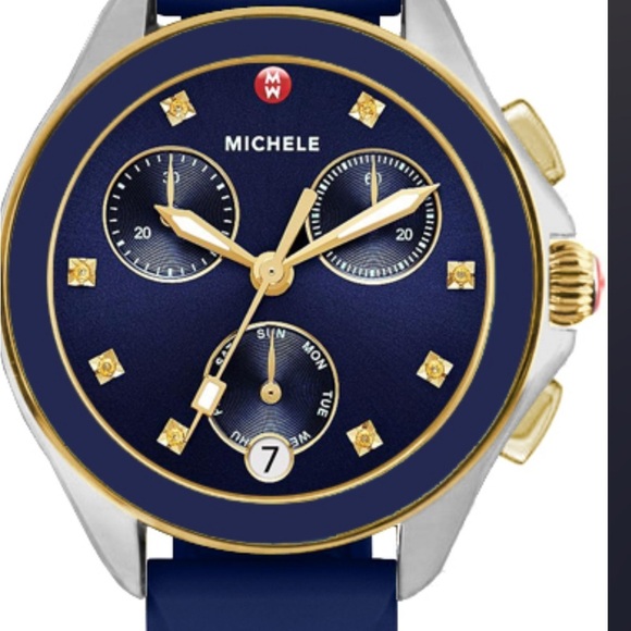 Sale Michele Cape Chronograph Blue Dial Yellow Topaz Markers FULL SET w TAG main image 8